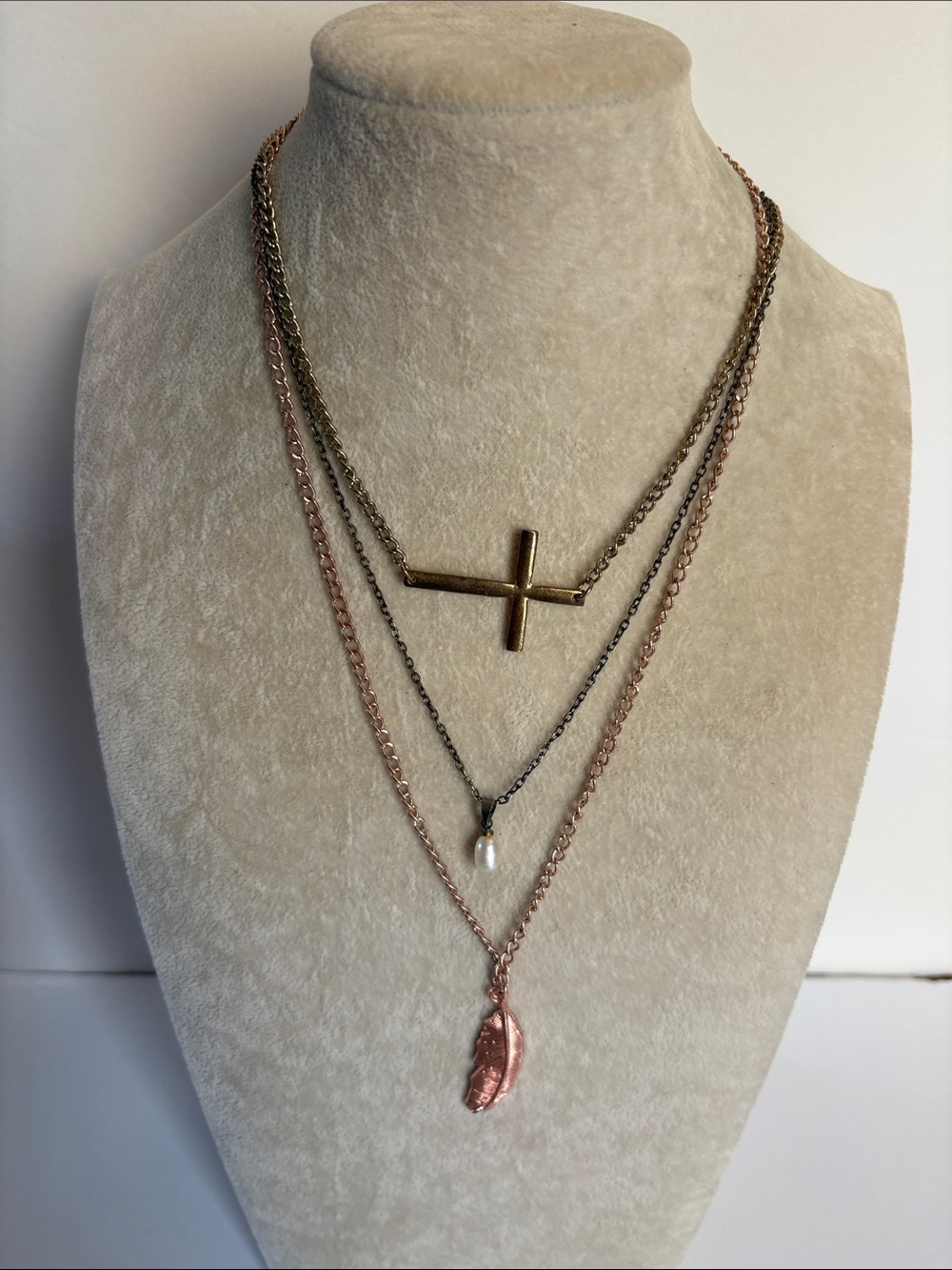 Layered Necklace Set Horizontal Cross Pearl Feather Pendant Bundle of 3